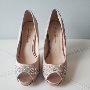 Lauren Lorraine champagne satin rhinestone heels